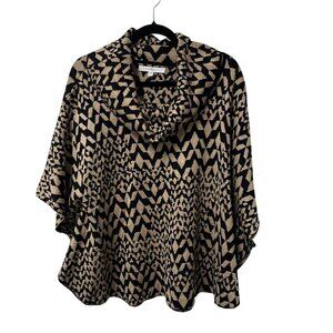 FEVER SWEATER PONCHO COWL NECK BLACK CAMEL SIZE S/M GEOMETRIC ABSTRACT NEUTRAL